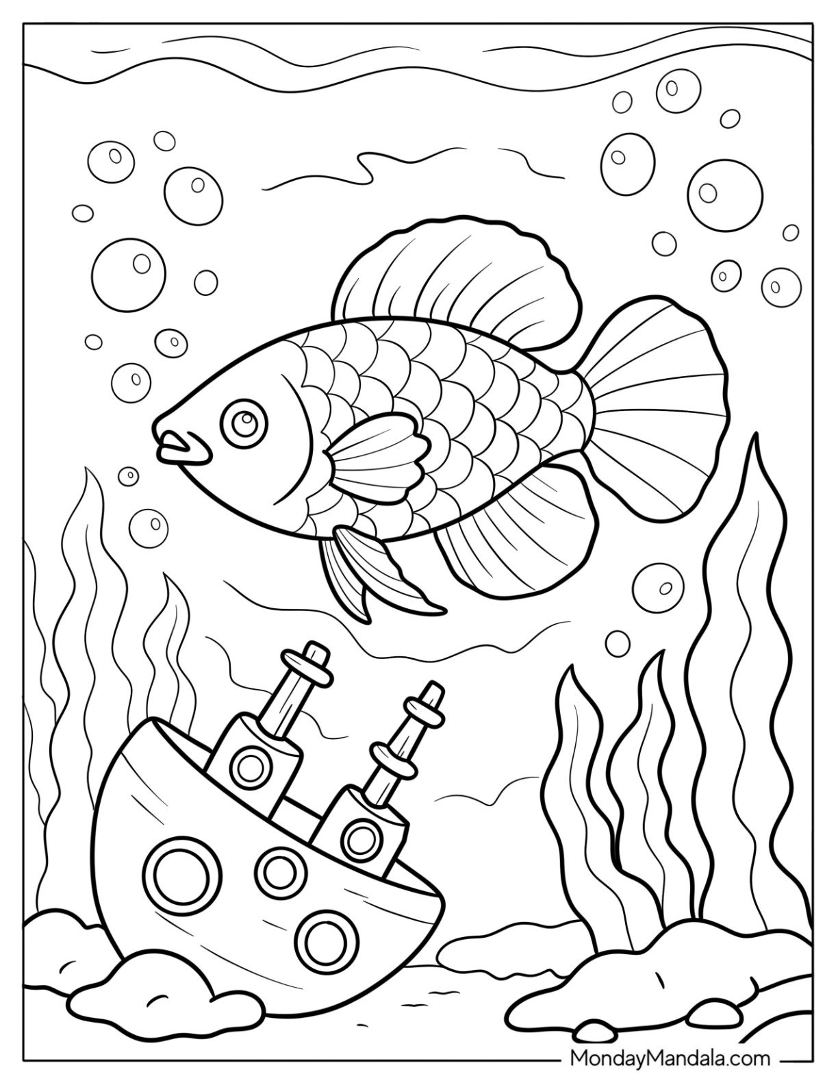 Fancy Betta Fish Coloring Page in Underwater Scene with Bubbles and Ship