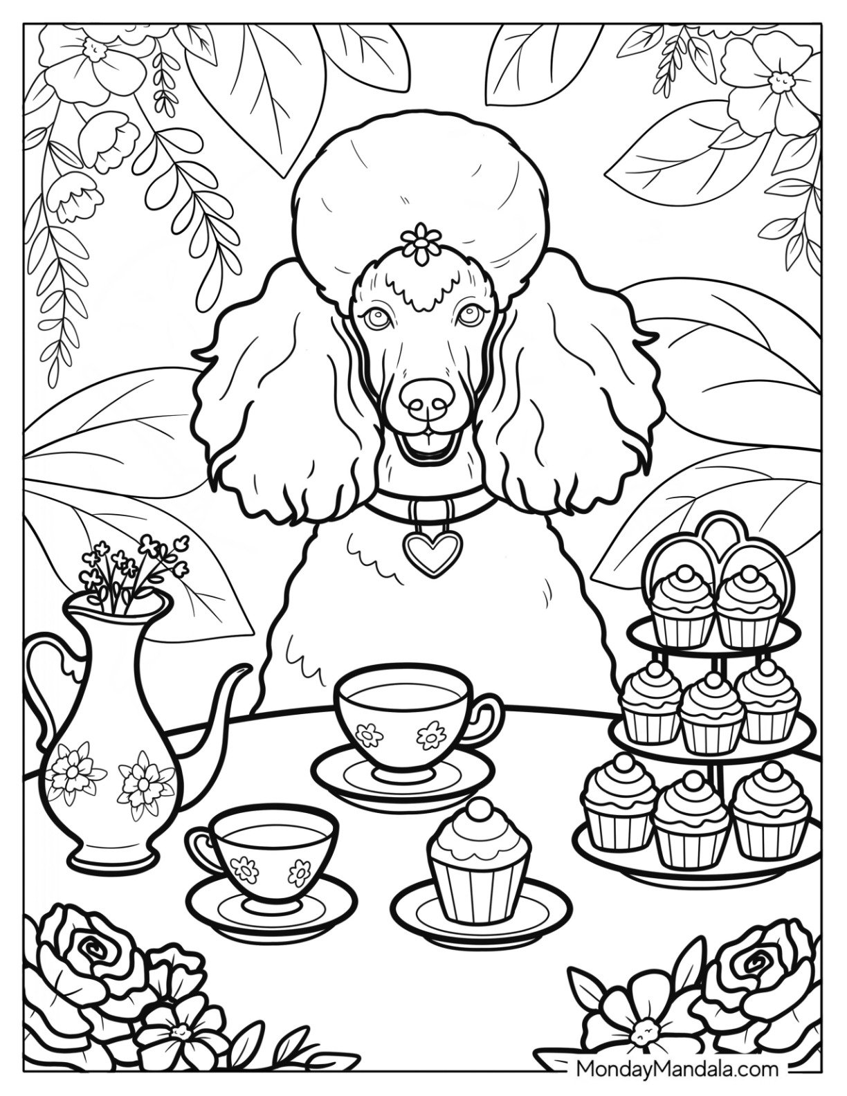 Fancy Poodle Coloring Page at Garden Tea Party with Cupcakes and Floral Decor