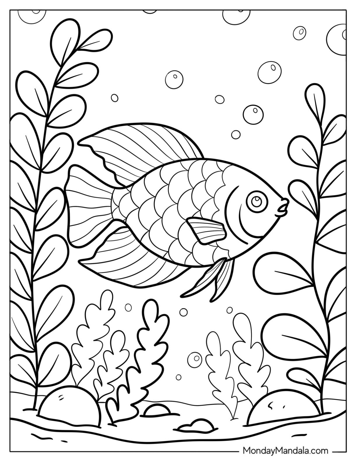 Fish Coloring Page of Fantail Goldfish Swimming in Planted Aquarium for Kids