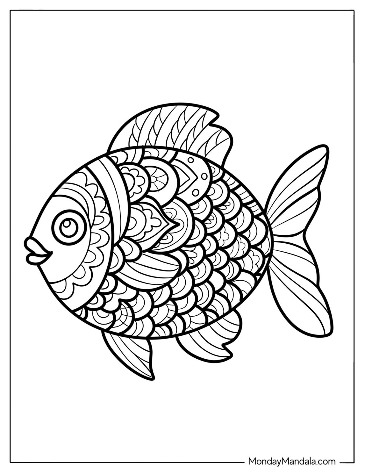 Fish Coloring Page of Fantail Goldfish with Ornamental Mandala Scales