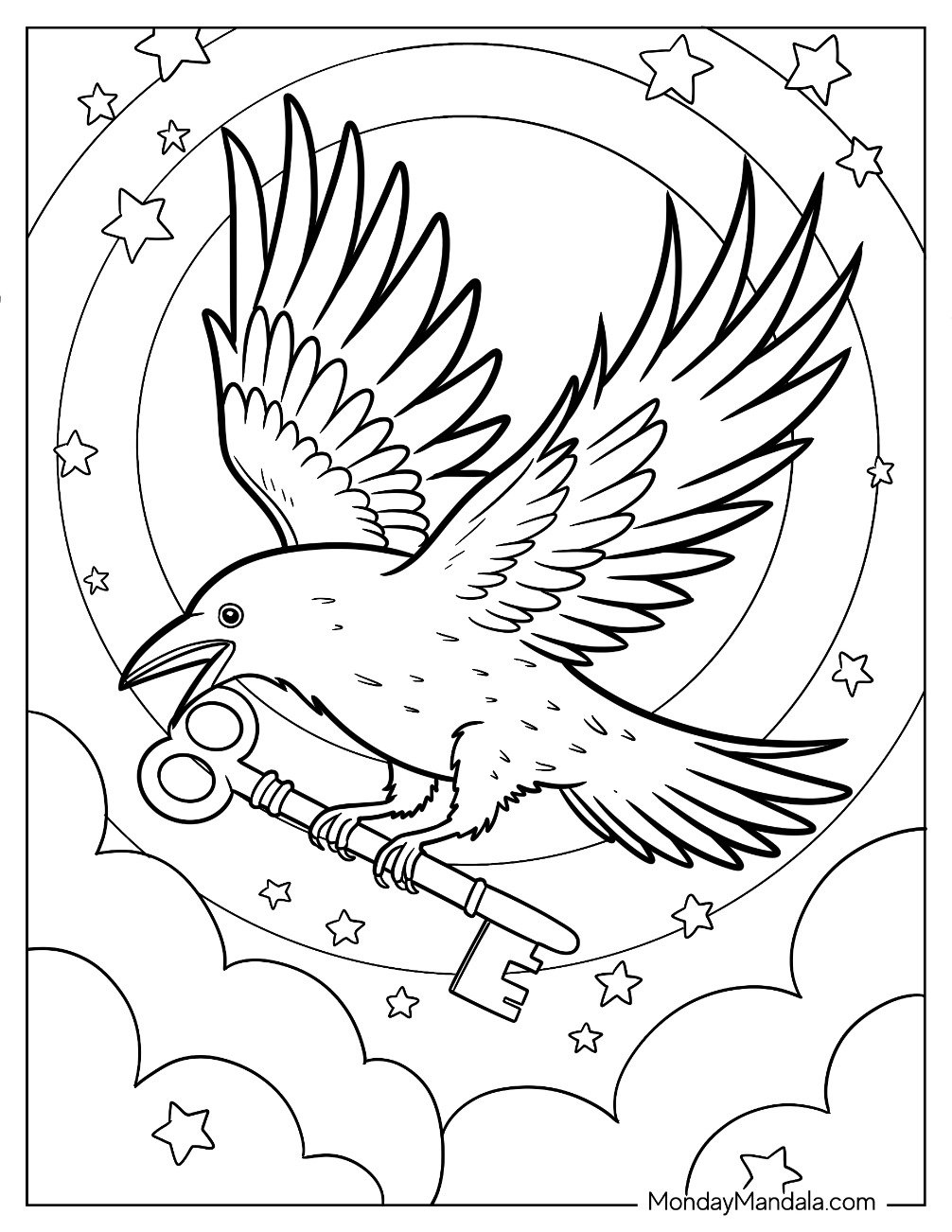 Fantastical Raven Coloring Page Flying with a Vintage Key