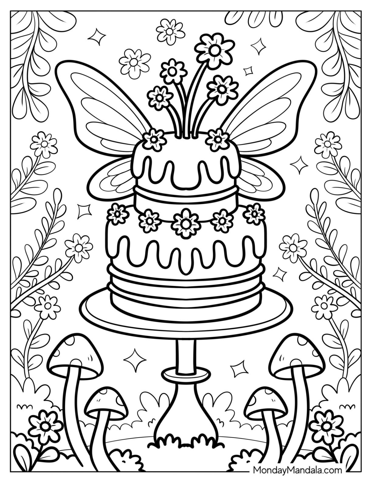 Fantasy Cake Coloring Page with Flowers and Butterfly Wings for Kids