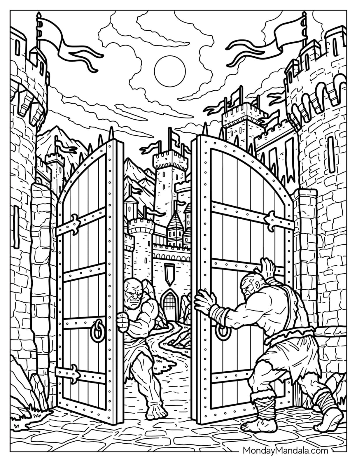 Fantasy Castle Gate with Warriors Opening the Drawbridge Coloring Sheet