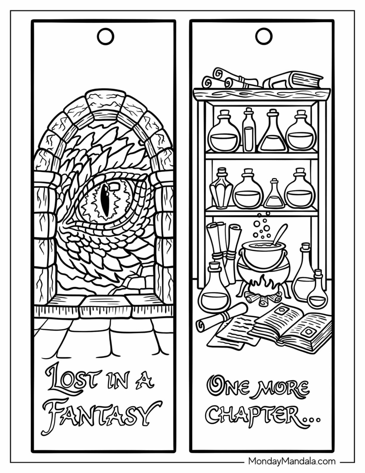 Fantasy Dragon Eye and Magic Potion Shelf Bookmark Coloring Page