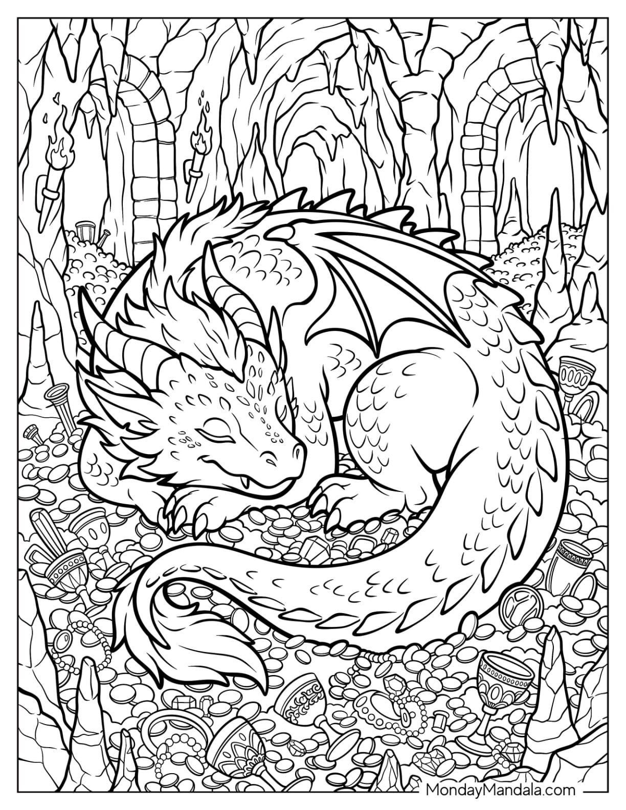 Fantasy Dragon Sleeping on a Hoard of Treasure Coloring Page