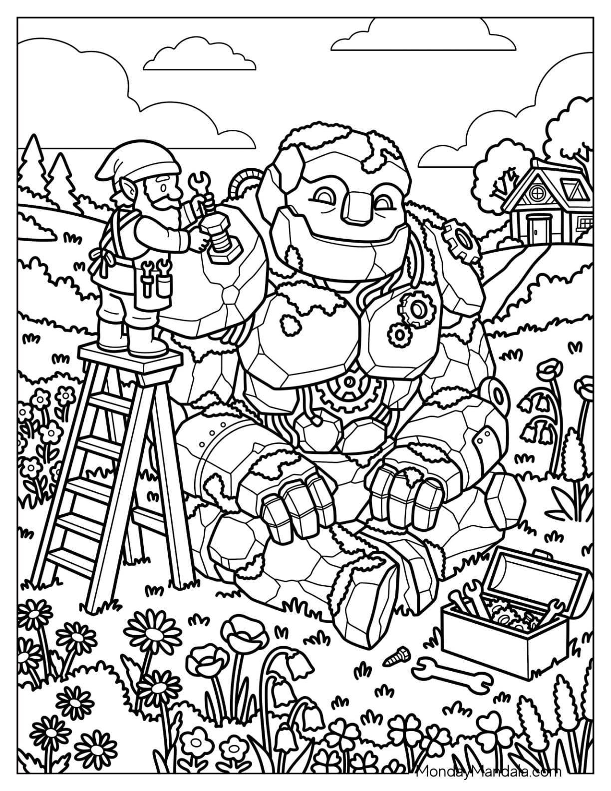 Fantasy Dwarf Fixing a Stone Golem Coloring Sheetpdf