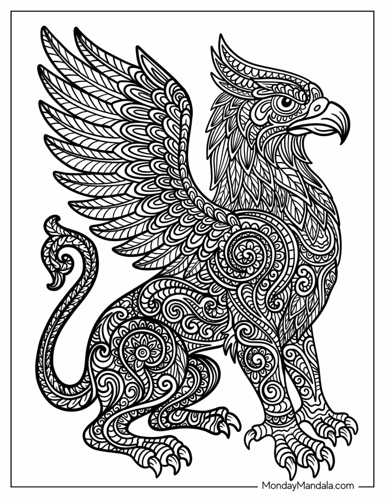 Fantasy Griffin Coloring Page Covered in Intricate Mandala Designs for Adults