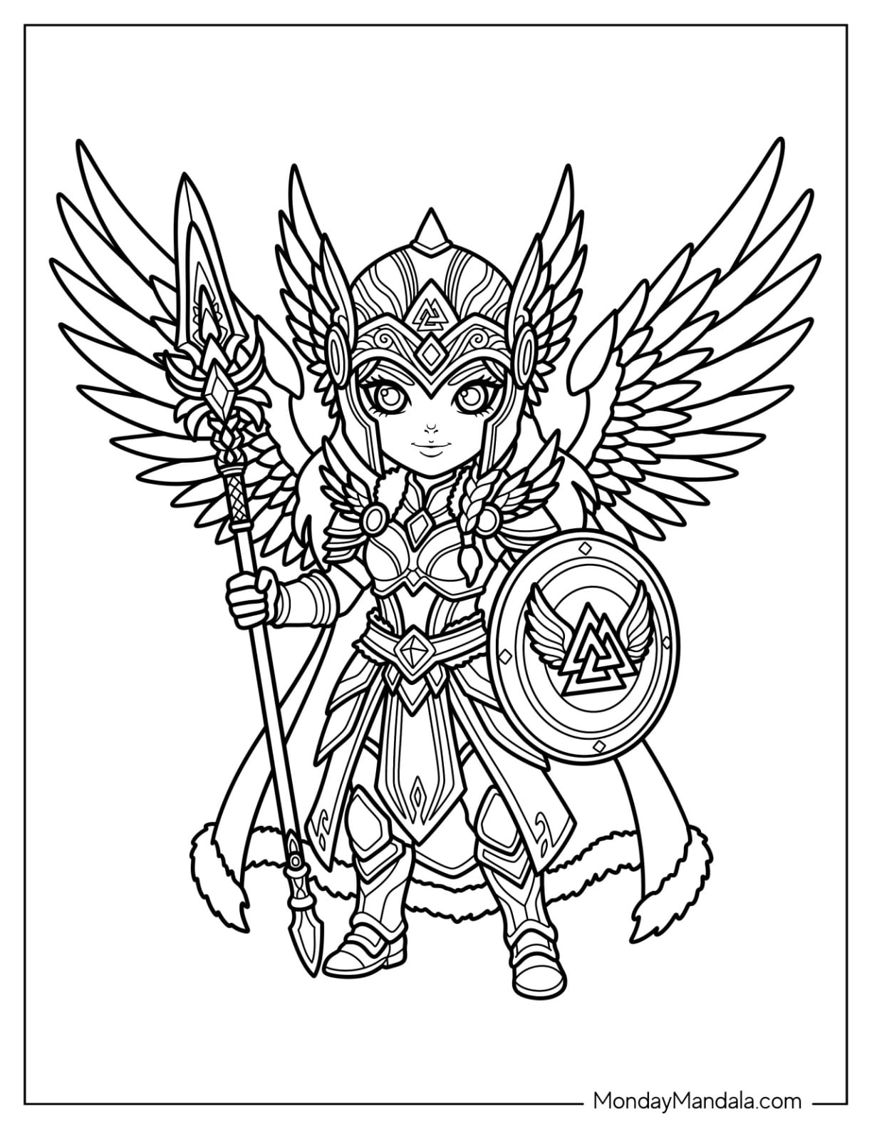 Fantasy Valkyrie Warrior with Wings, Spear, and Shield Coloring Page