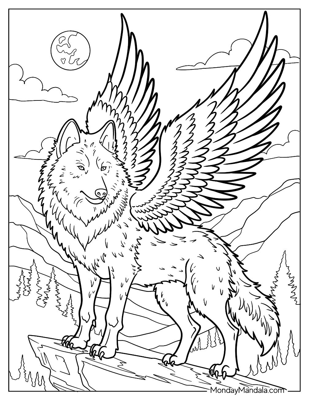 Fantasy Winged Wolf Coloring Page Standing on Cliff with Mountains and Moon