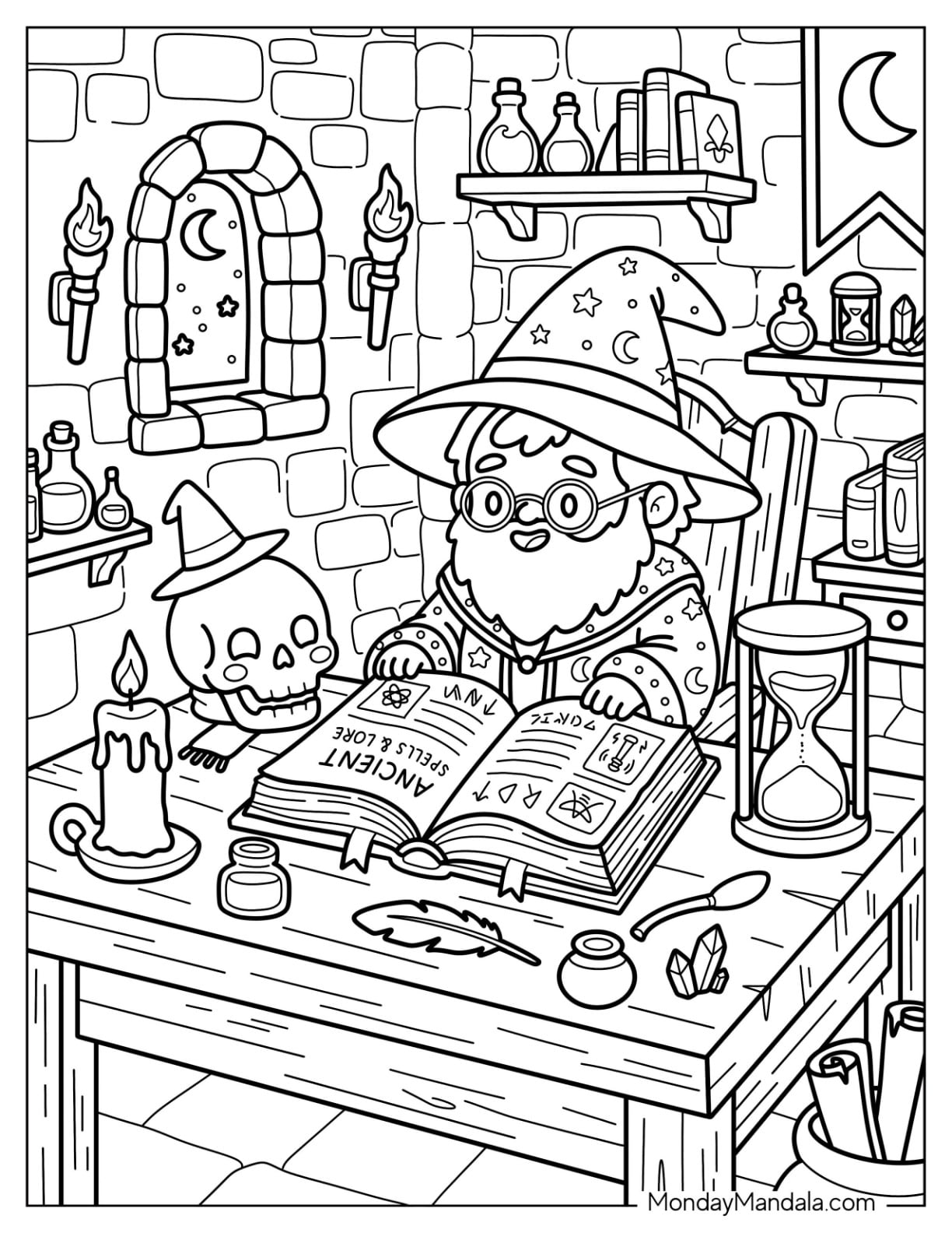 Fantasy Wizard Brewing Potions with a Spellbook Coloring Page for Kids