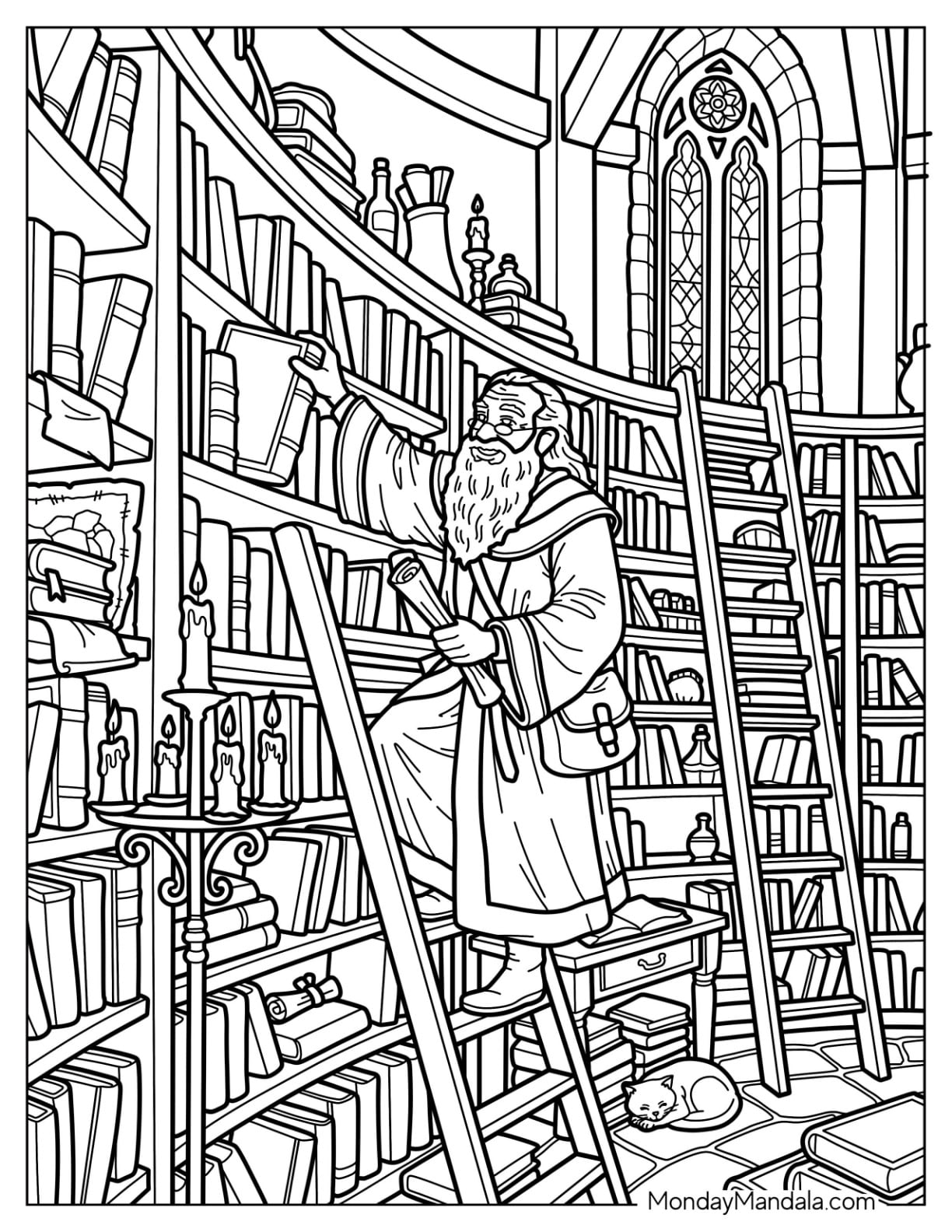 Fantasy Wizard Searching for a Book in a Magical Library Coloring Sheet