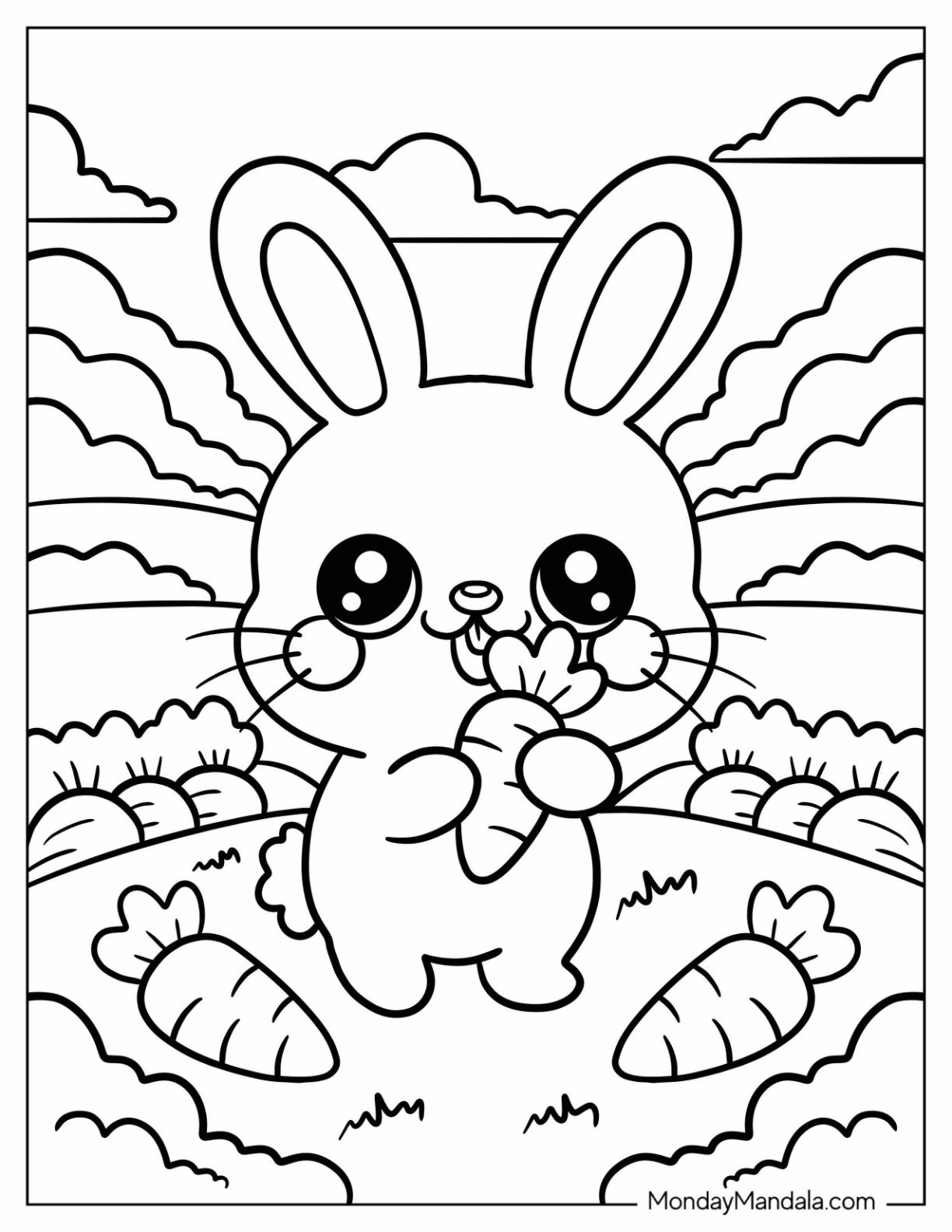 Farm Animal Coloring Page of Bunny Holding Carrot in Vegetable Patch for Preschoolers