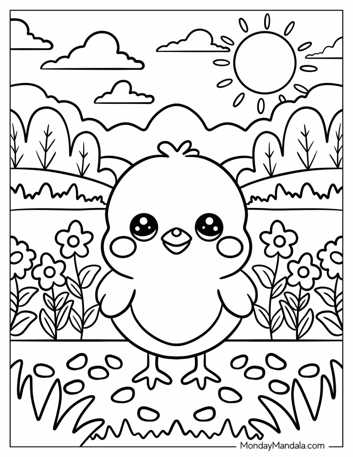 Farm Animal Coloring Page of Chick in Sunny Field of Flowers for Preschoolers