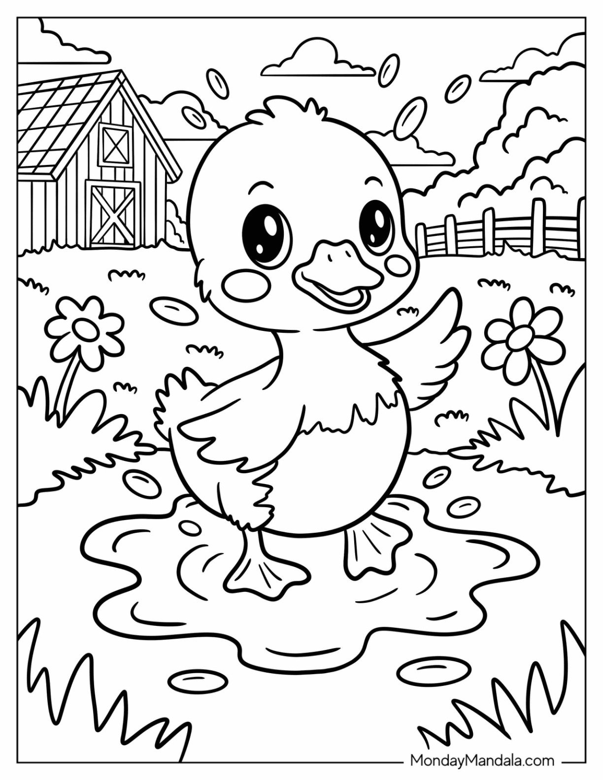 Farm Animal Coloring Page of Chick in Sunny Meadow with Barn and Flowers for Kids