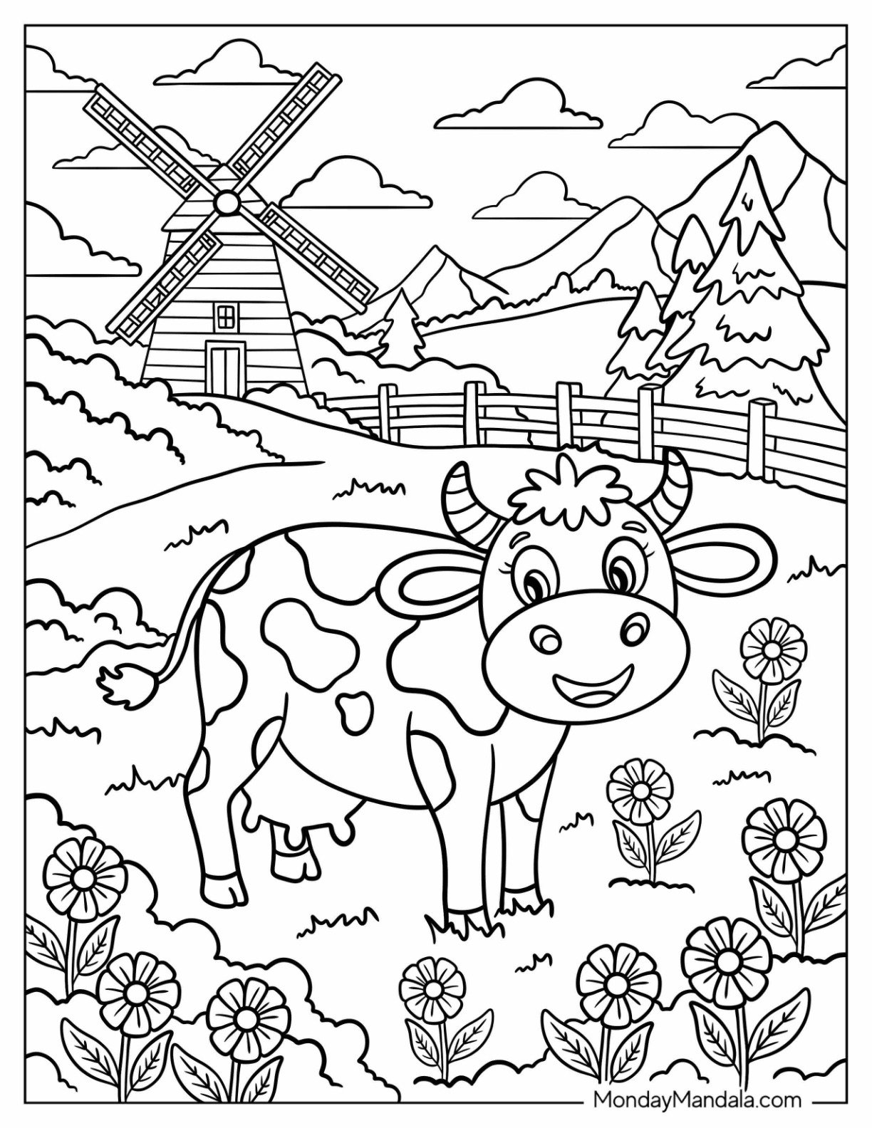 Farm Animal Coloring Page of Cow Standing Among Flowers with Fence and Windmill for Kids