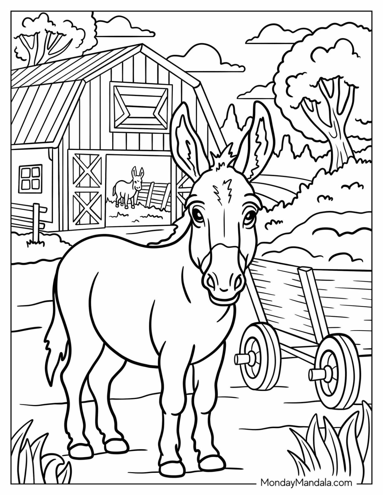 Farm Animal Coloring Page of Donkey Standing Near Barn and Wooden Cart for Kids