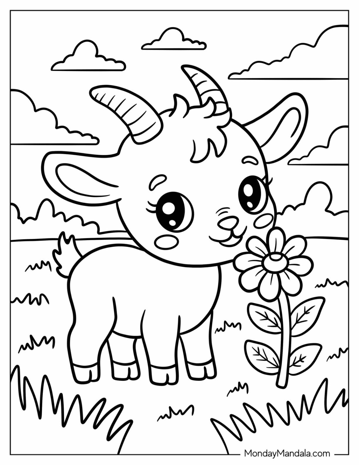 Farm Animal Coloring Page of Goat Standing in Meadow Beside Flower for Preschoolers