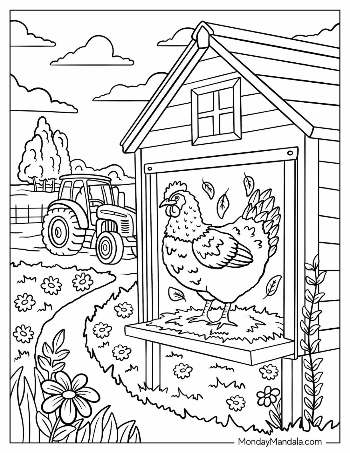 Farm Animal Coloring Page of Hen in Nesting Box Outside Chicken Coop