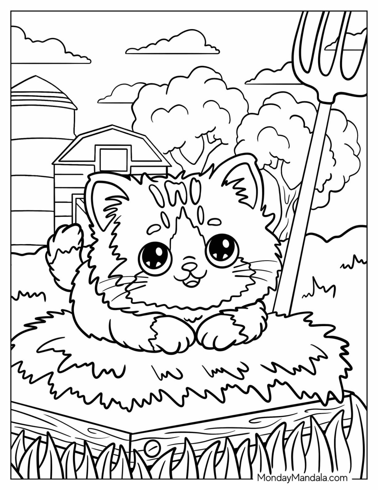 Farm Animal Coloring Page of Kitten Resting on Hay Bale Near Barn for Kids