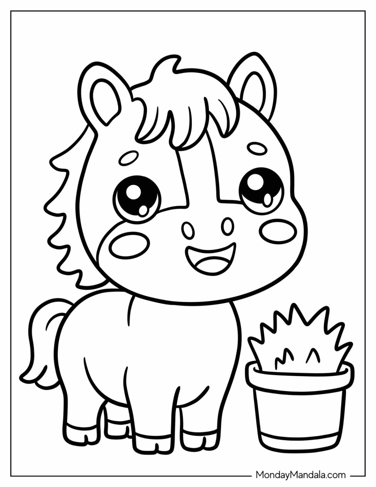 Farm Animal Coloring Page of Pony Standing Next to Bucket of Hay