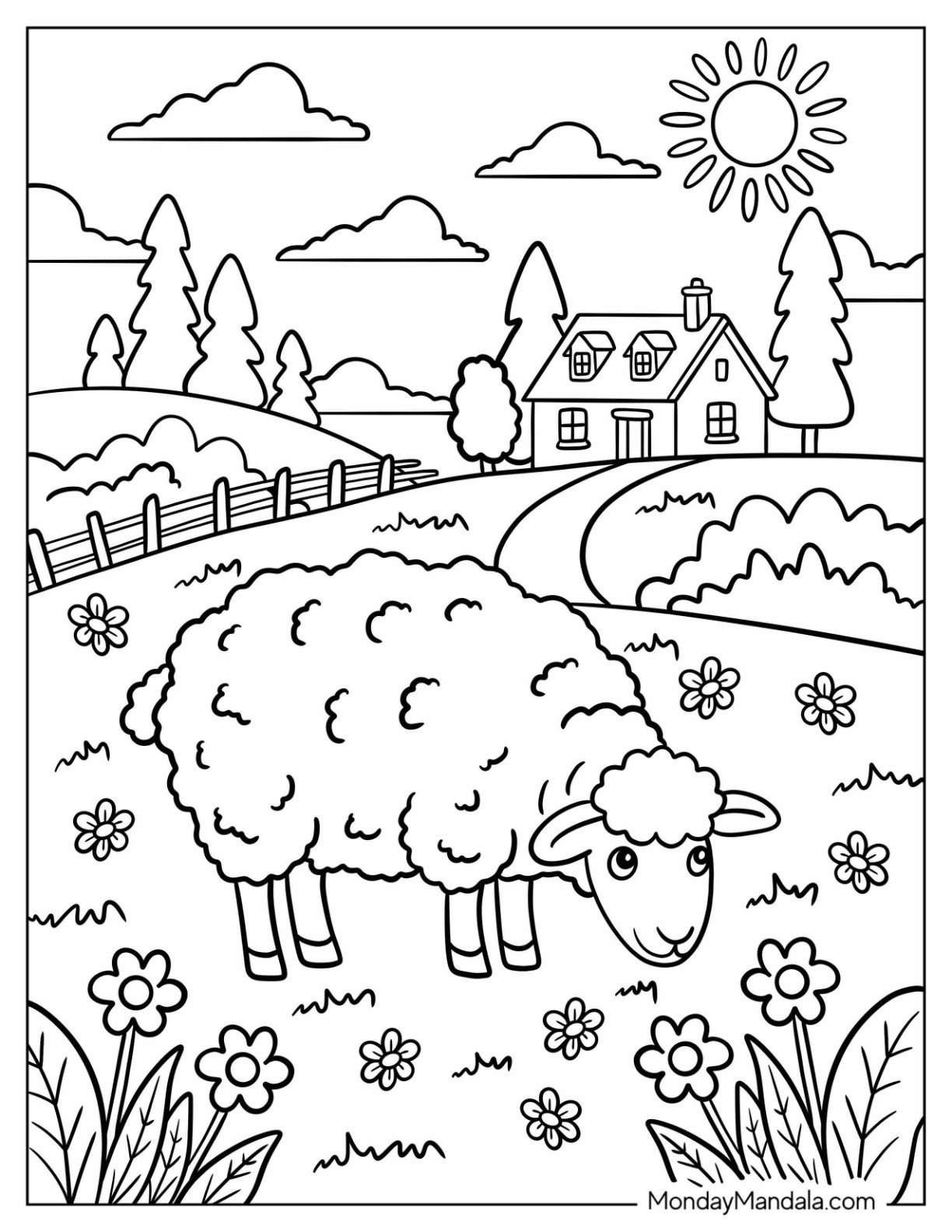 Farm Animal Coloring Page of Sheep Grazing in Flower Field with Country House