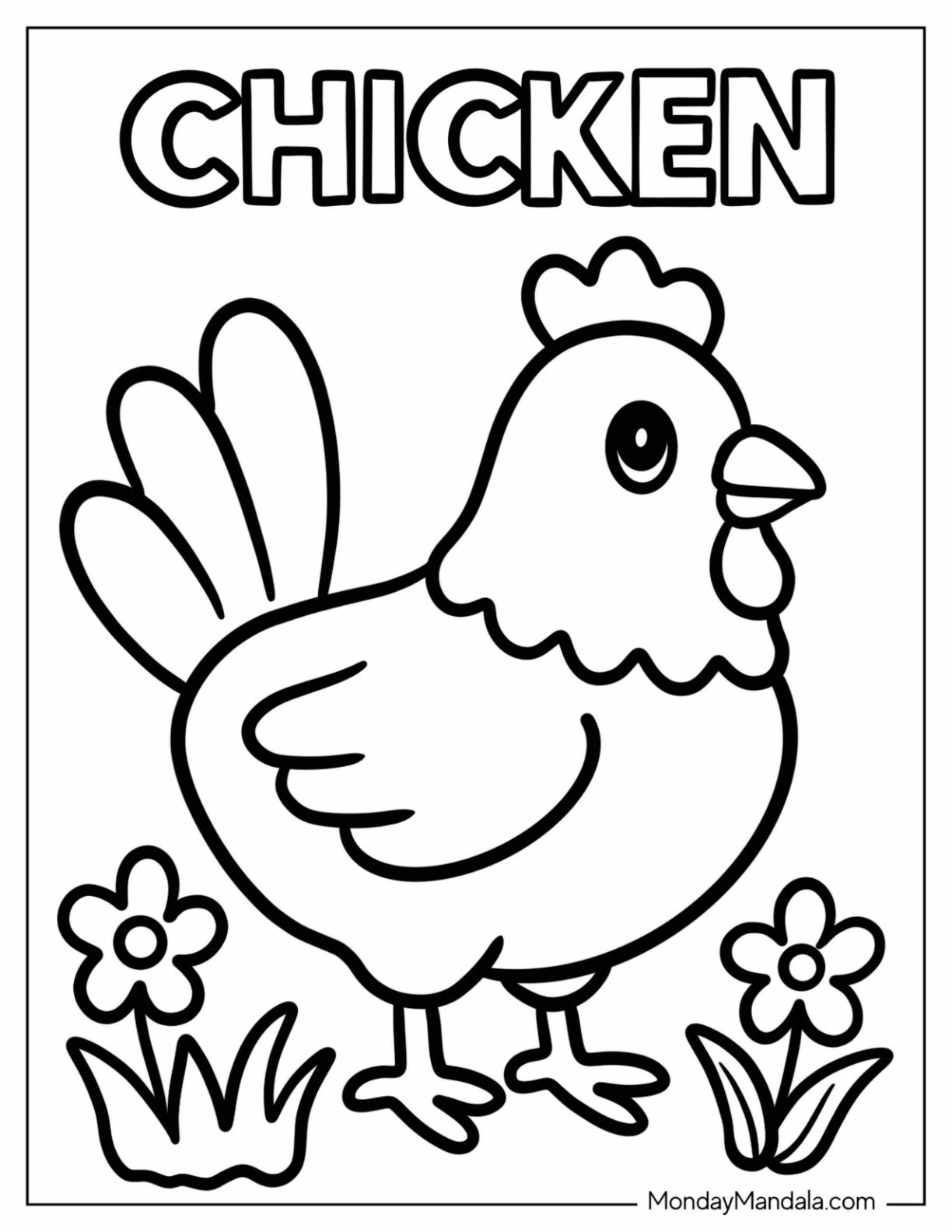 Farm Chicken Coloring Page Standing Under Text with Blossoms Around