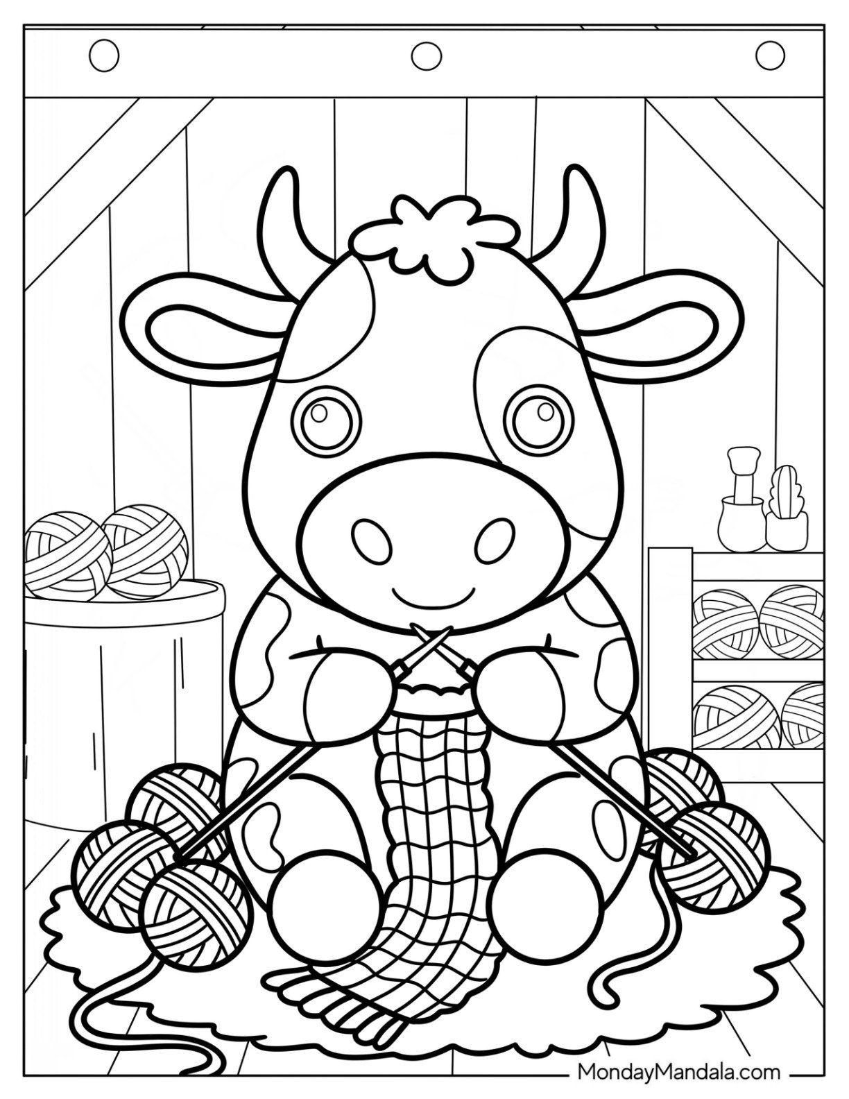 Farm Cow Coloring Page Making A Scarf Surrounded By Yarn And Cushions for Preschoolers