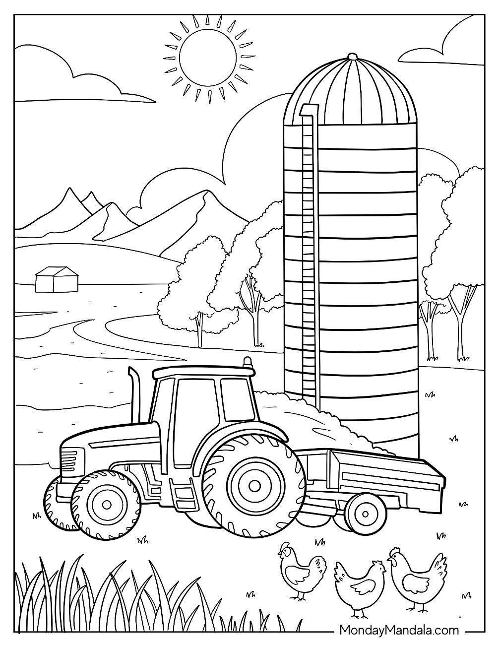 Farm Tractor Coloring Page Driving Past a Silo with Chickens