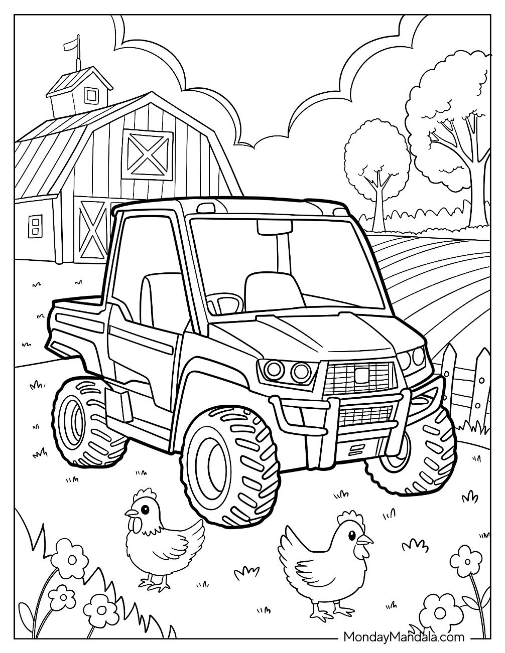 Farm UTV Coloring Page Parked Near Barn with Chickens and Crops