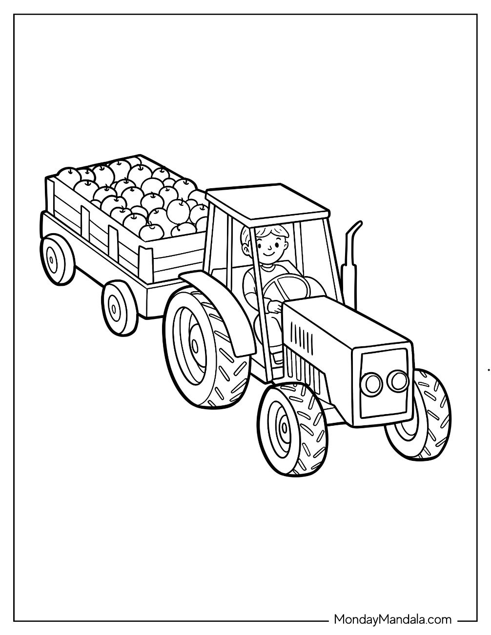 Farmer Driving Tractor with Cart Full of Apples Coloring Page For Kids