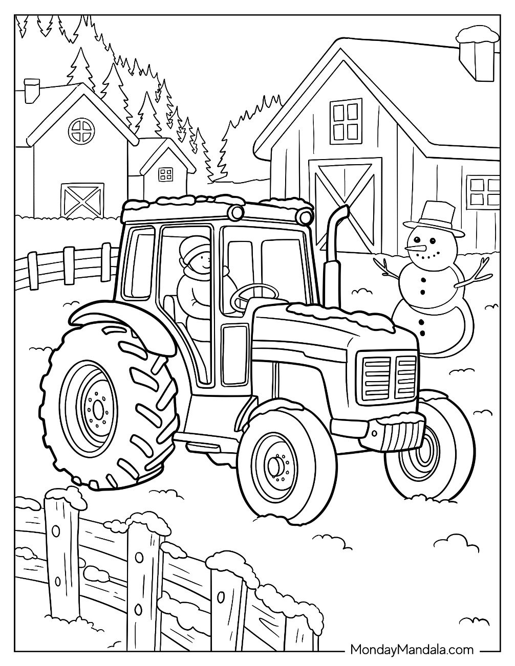 Farmer Driving Winter Tractor Coloring Page Through Snow