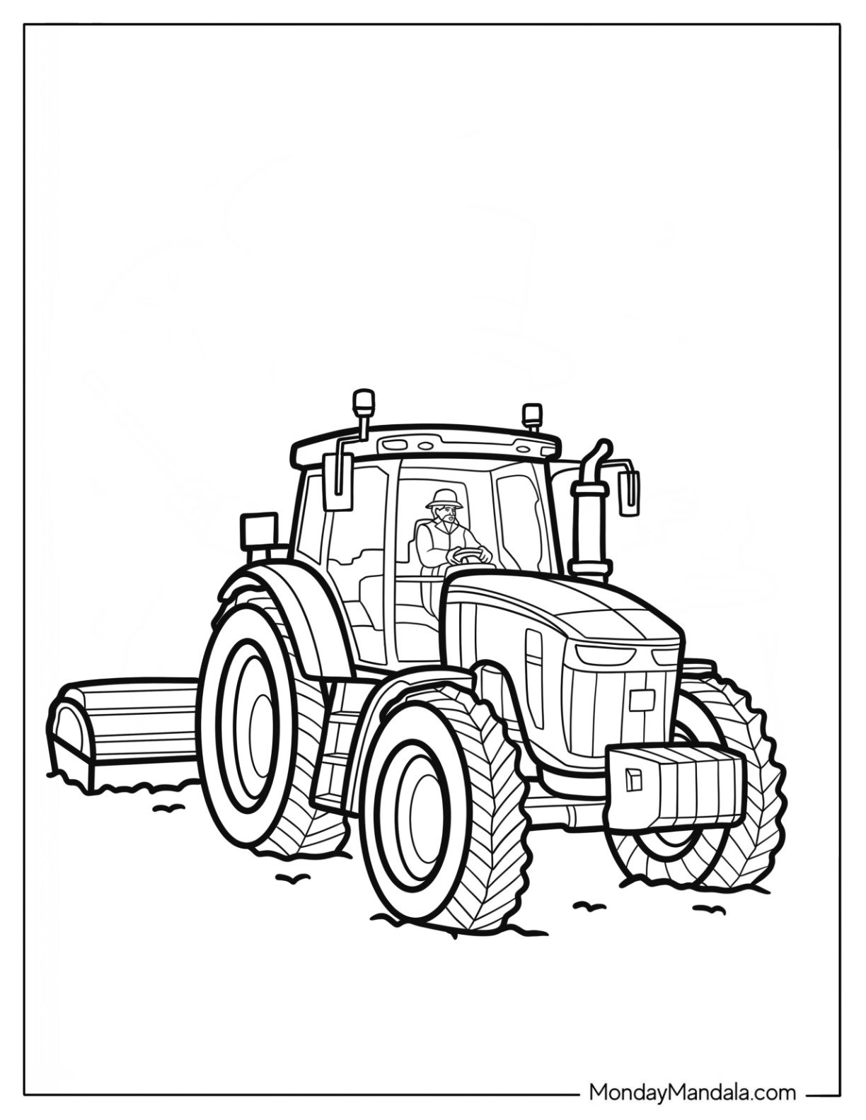 Farm Coloring Page of Farmer Driving a Tractor Through the Fields