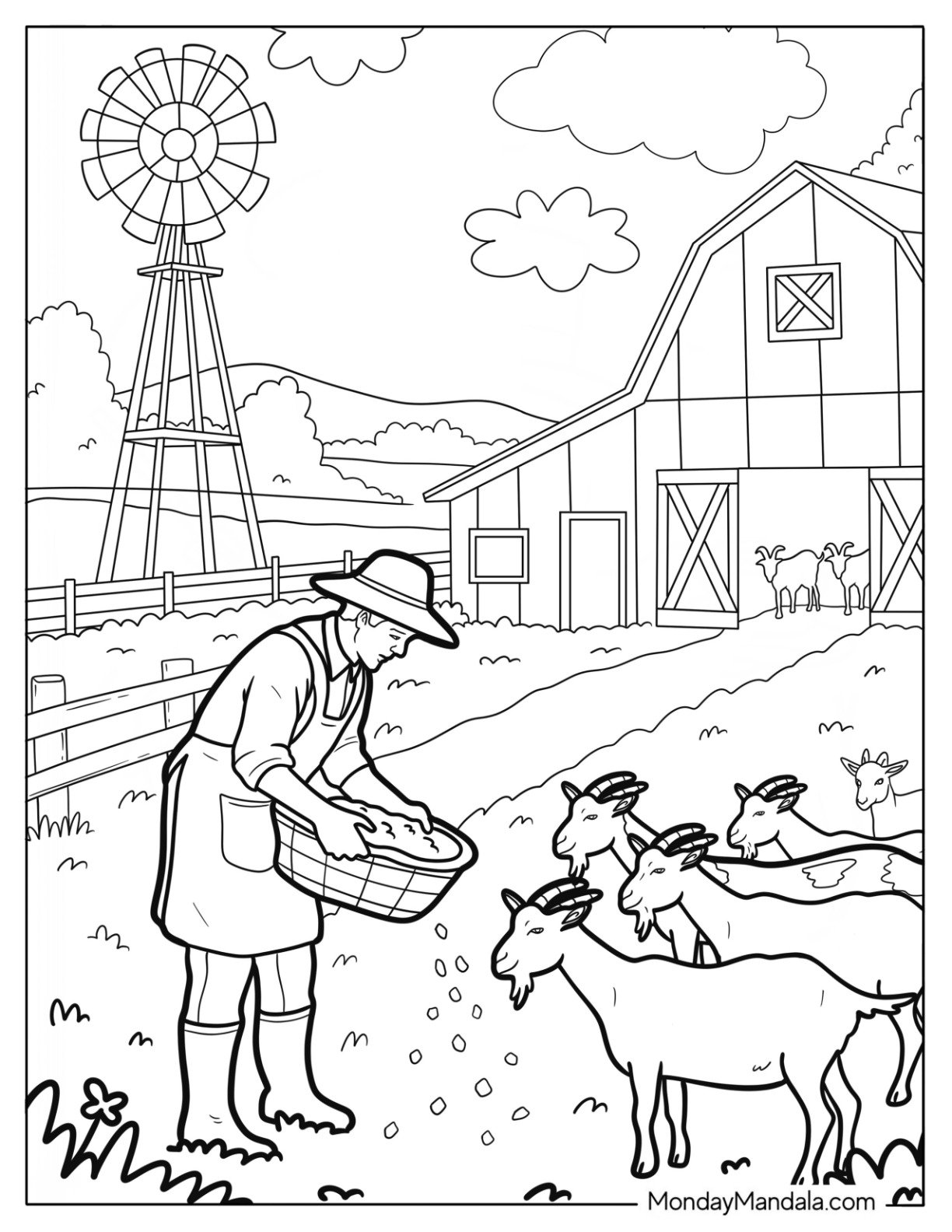 Farm Coloring Page of Farmer Feeding Goats Beside a Barn and Windmill