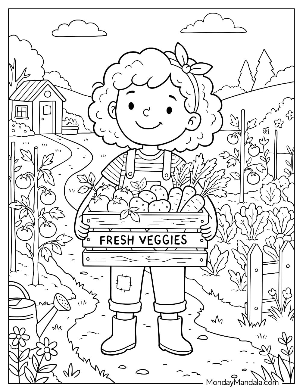 Farmer Girl Holding a Crate of Fresh Vegetables in a Garden Coloring Page