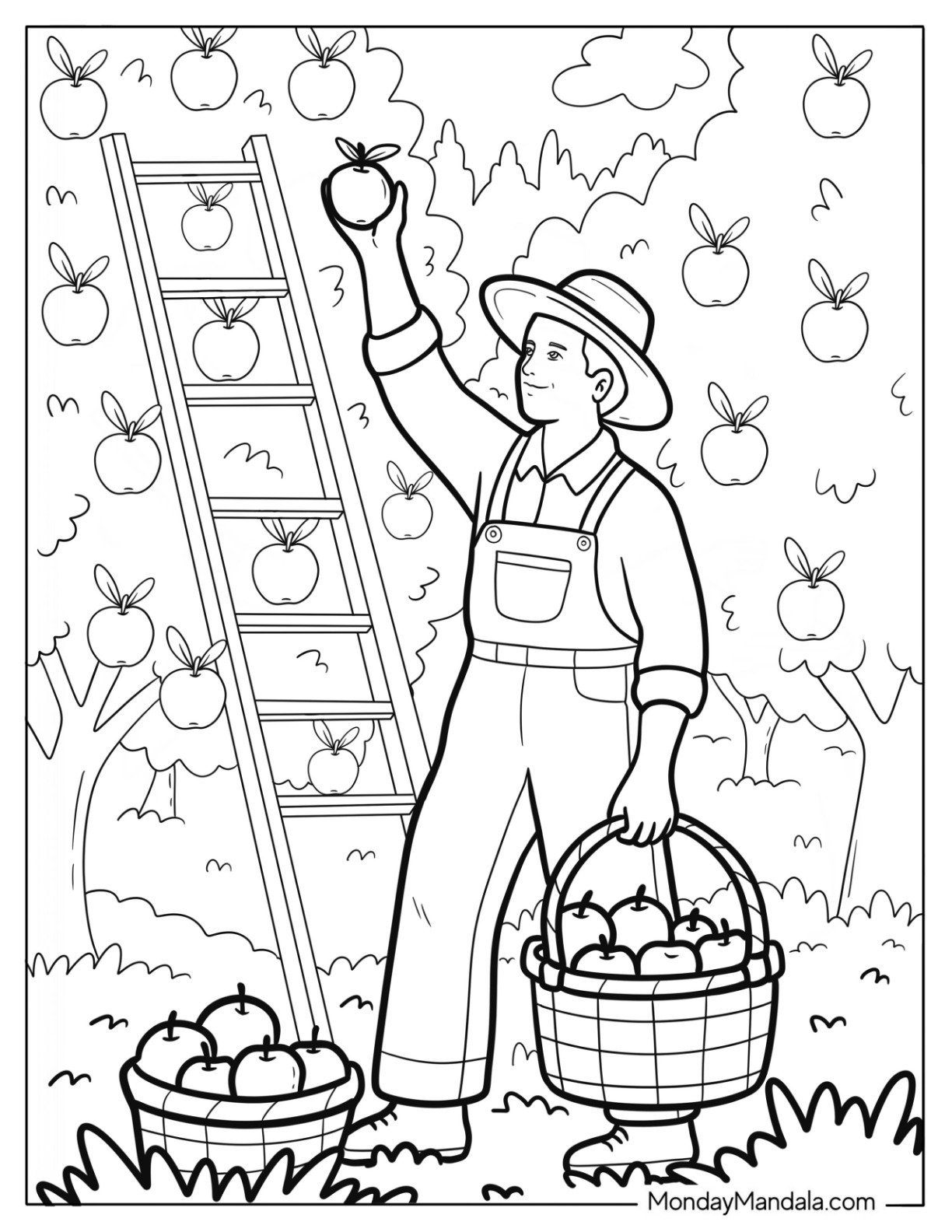 Farm Coloring Page of Farmer Harvesting Apples with Basket and Ladder