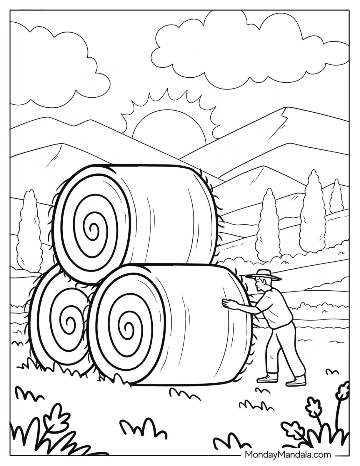 Farm Coloring Page of Farmer Stacking Giant Hay Bales in a Mountain Valley