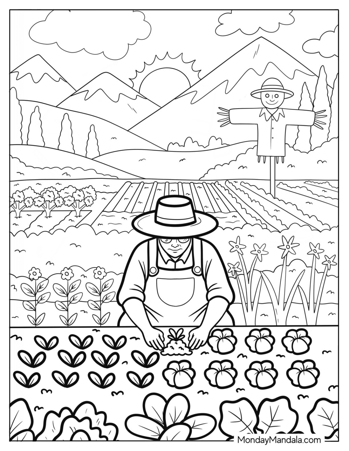 Farmer Tending a Vegetable Garden with Scarecrow and Mountains