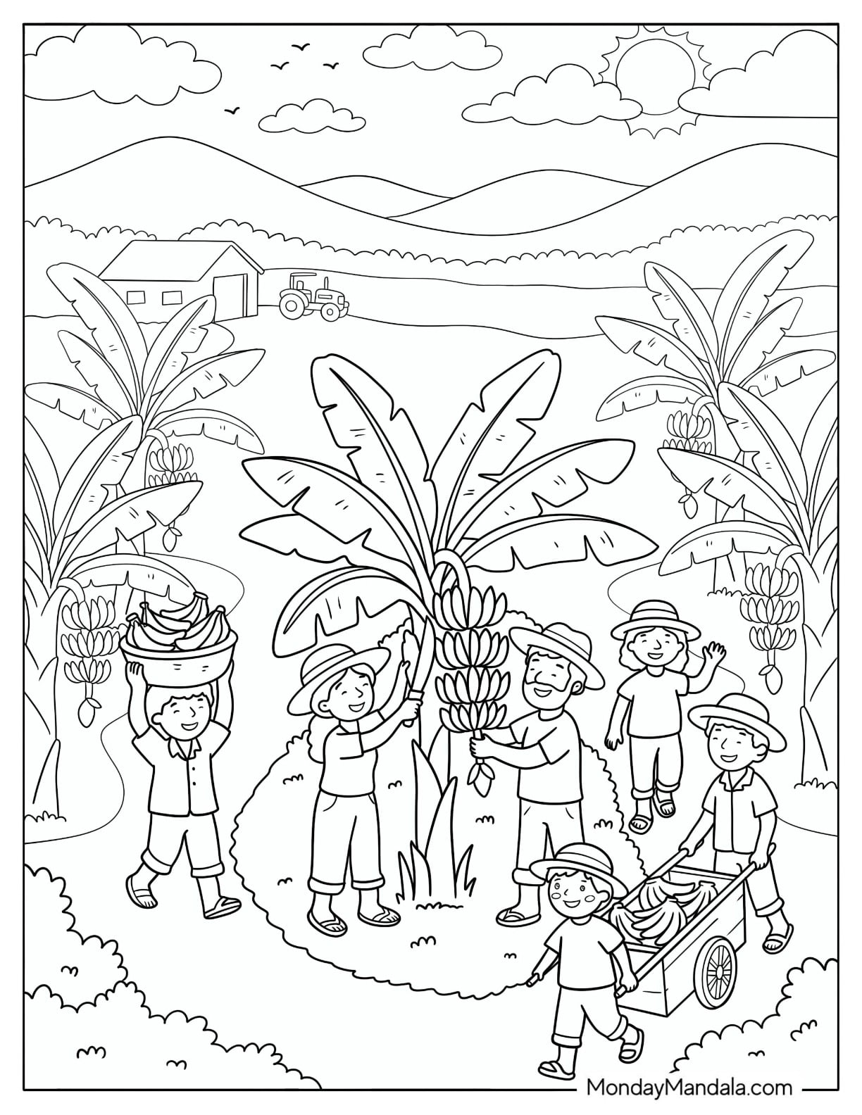 Farmers Harvesting Bananas Coloring Sheet