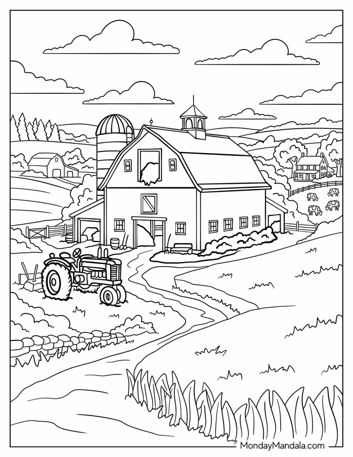 Farmhouse with Tractor, Barn, and Rolling Hills Coloring Page for Adults