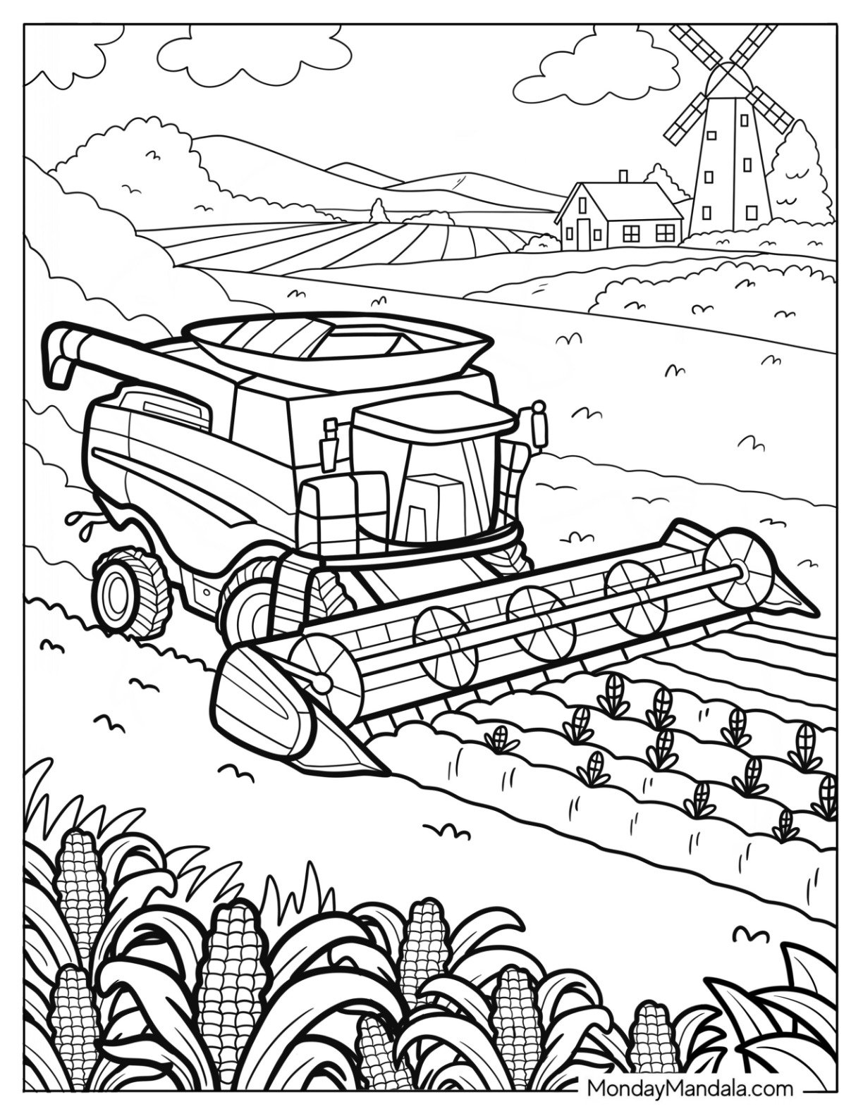 Farm Coloring Page of Farming Tractor Collecting Crops on a Rolling Field