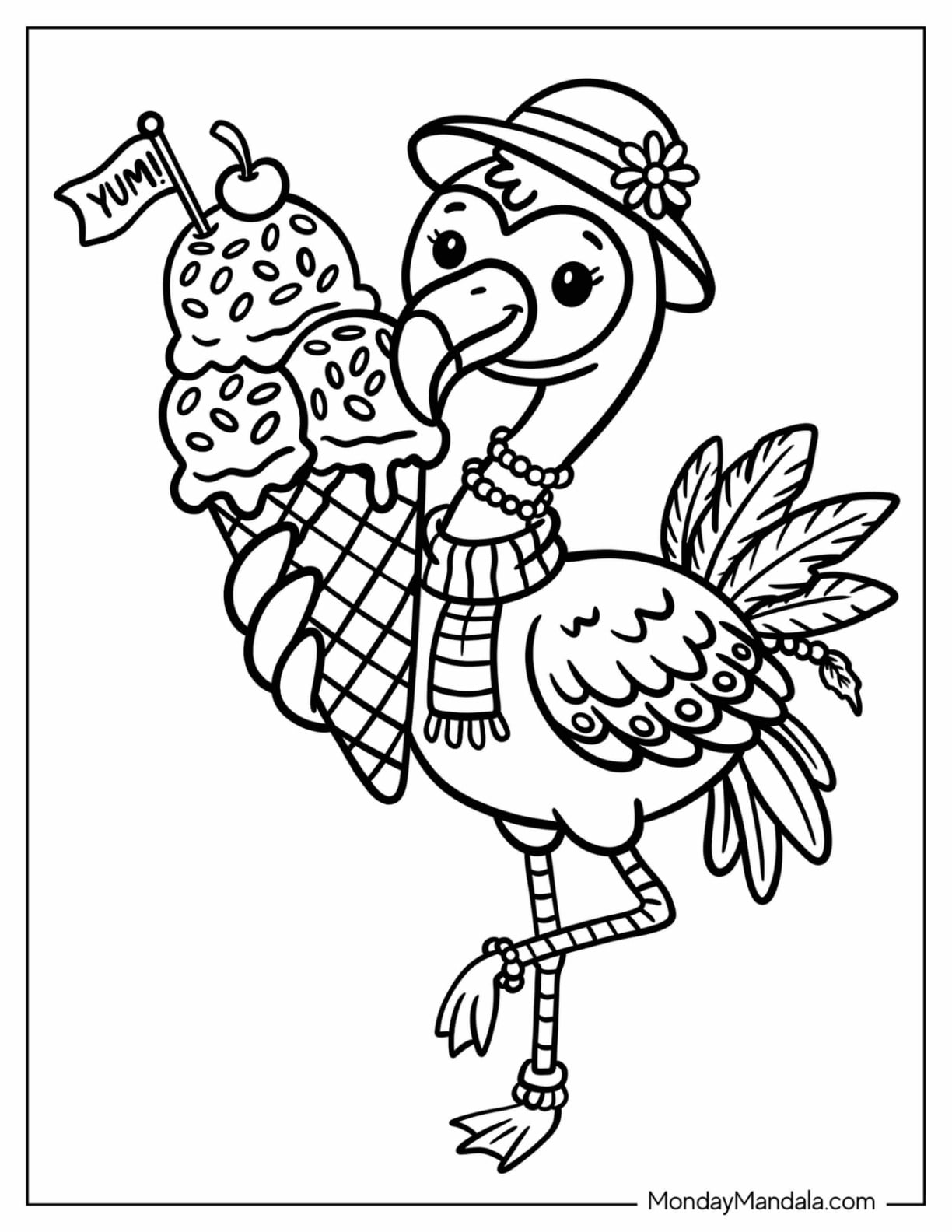 Fashionista Flamingo with Huge Ice Cream Cone Coloring Sheet for Kids
