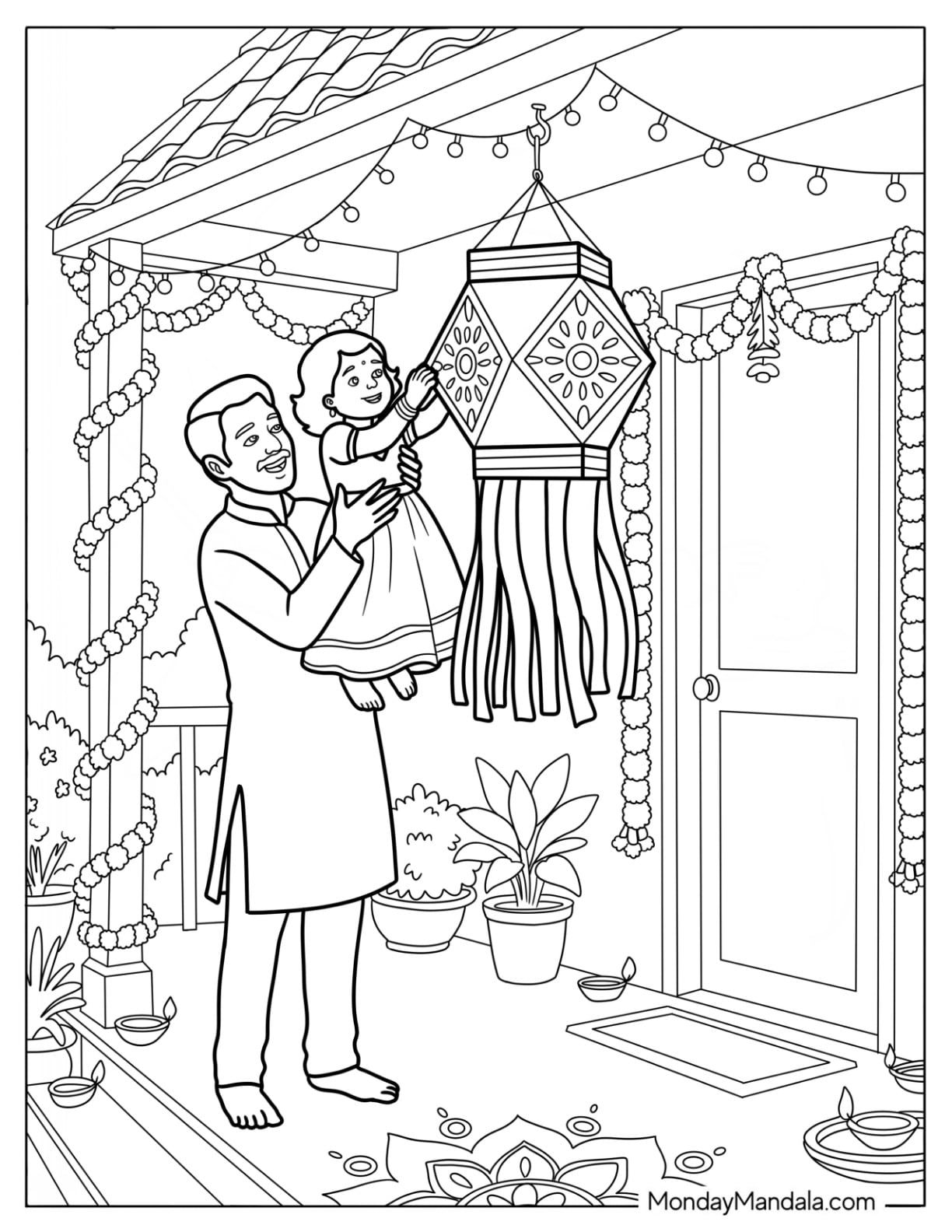 Father Helping a Child Hang a Diwali Coloring Page Lantern