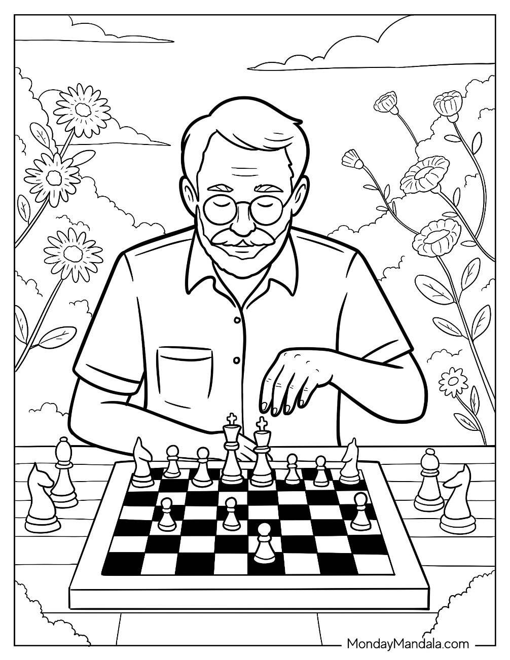 People Coloring Page of Father Playing Chess In The Garden