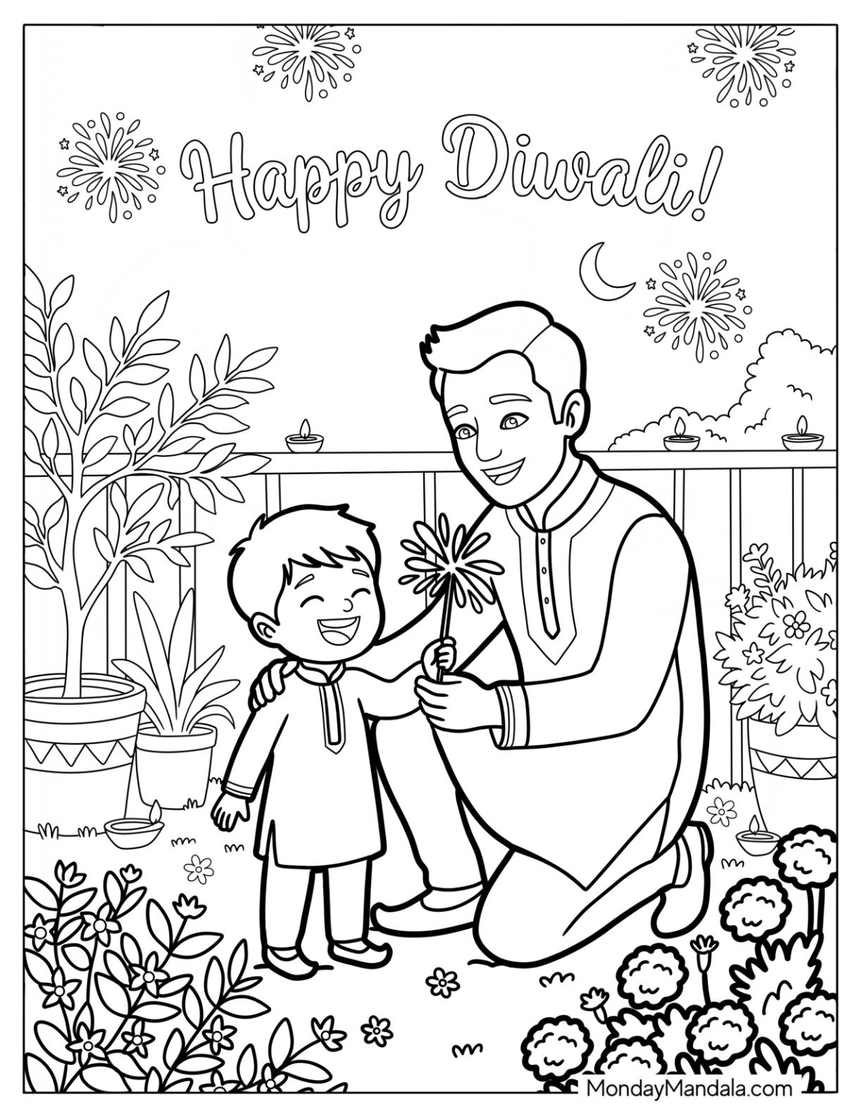 Father and Child Holding a Sparkler During Diwali Coloring Page