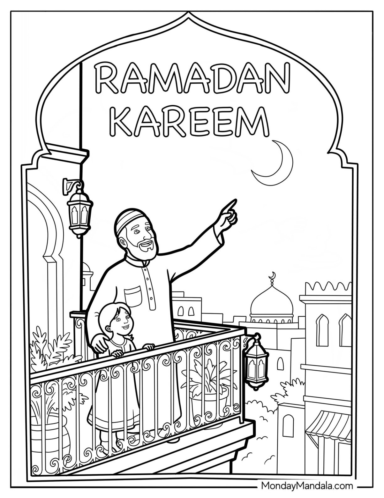 Father and Child Pointing at the Crescent Moon from a Balcony During Ramadan Coloring Page