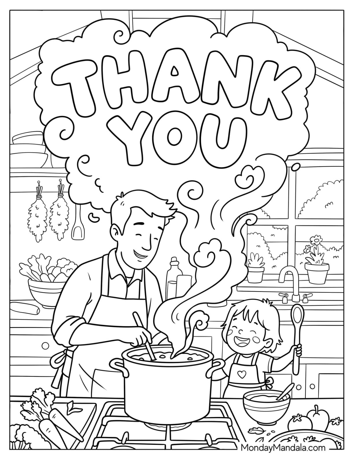 Father and Daughter Cooking with Thank You in the Smoke