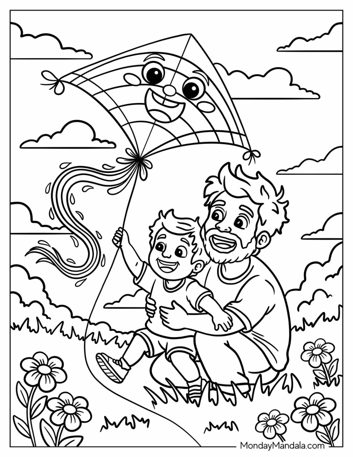Father and Son Flying a Kite Coloring Page