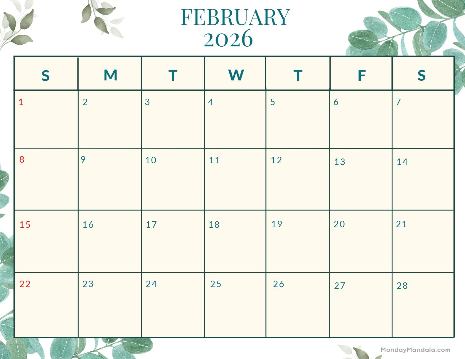 February 2026 Calendar Printable Nature Landscape v2