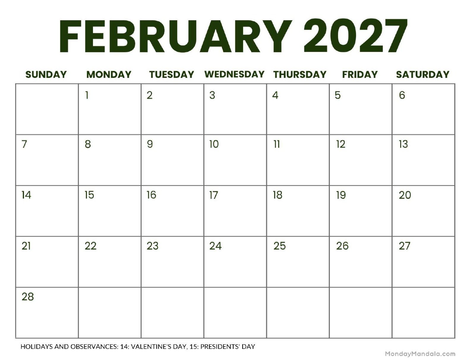 February 2027 Calendar Printable Business 2 Landscape