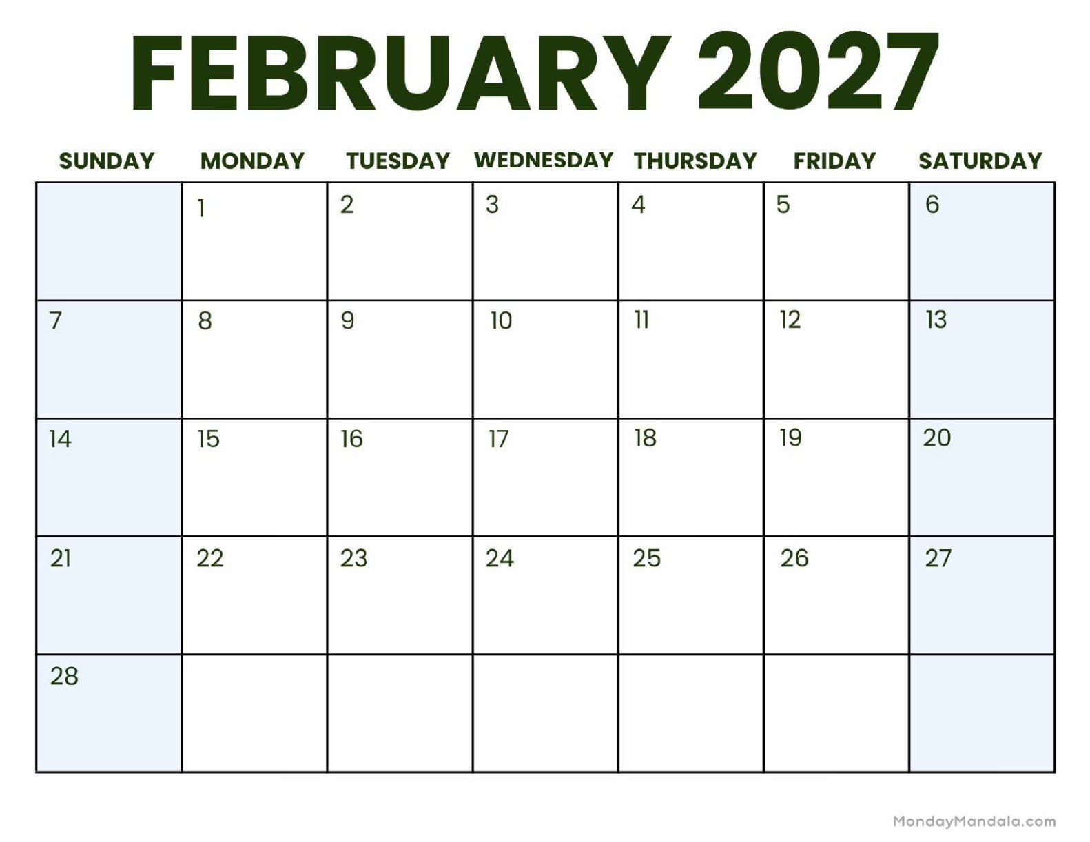 February 2027 Calendar Printable Business 3 Landscape